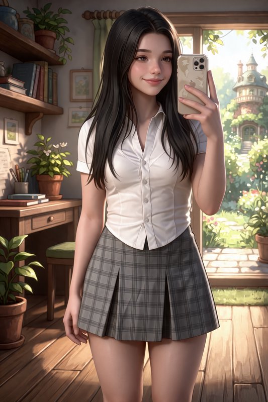 Stylized anime young woman in school uniform taking a selfie in a sunlit cozy cottage room