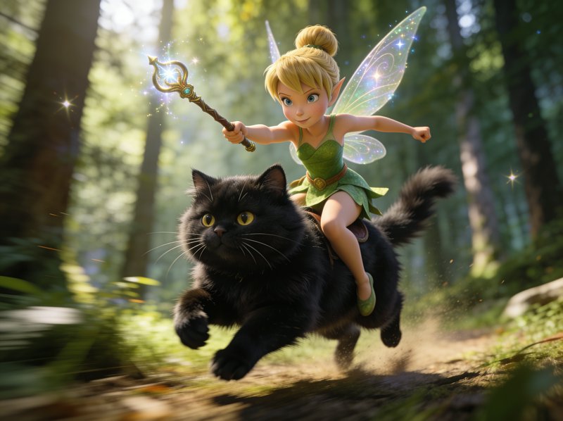 [Tinker Bell rides a galloping fluffy black cat while holding a glowing magic wand through a sunlit enchanted forest]