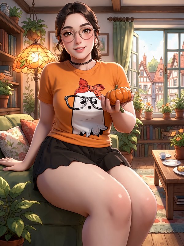 Soft anime portrait of a glasses-wearing woman holding a mini pumpkin in a cozy plant-filled fall...