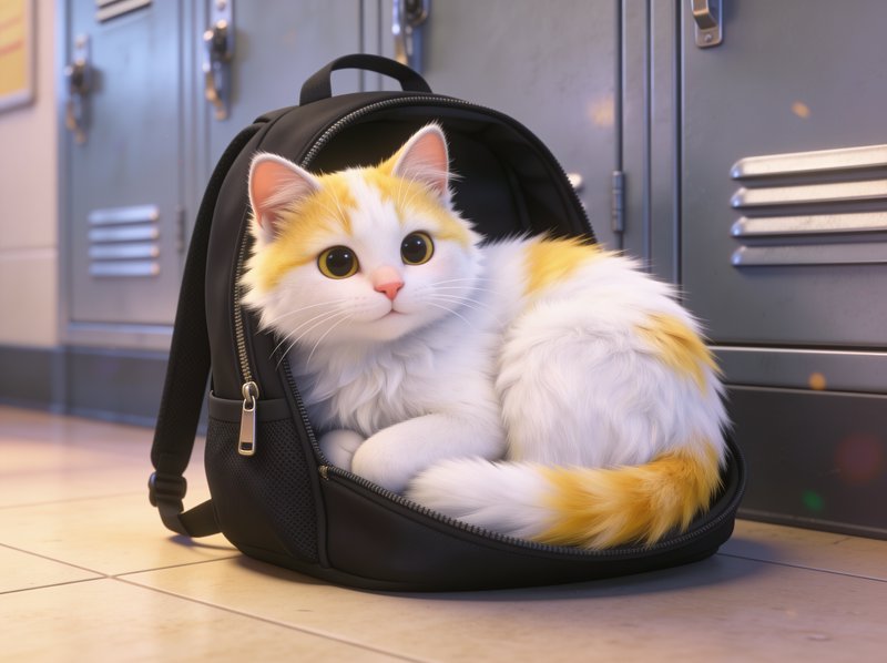 Fluffy orange and white kitten curled inside an open black backpack, sitting on a school hallway ...