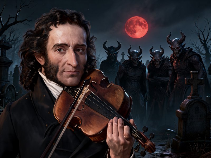 Niccolo Paganini plays violin in a misty graveyard, as horned demons watch beneath a glowing red ...