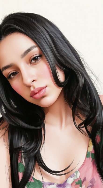 Close up digital portrait of a young woman with long glossy black hair, soft dewy makeup, and a f...
