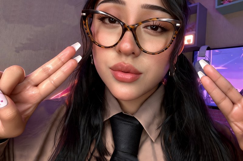 Hyperrealistic 3D portrait of a woman with cat-eye glasses holding fingers up near her face