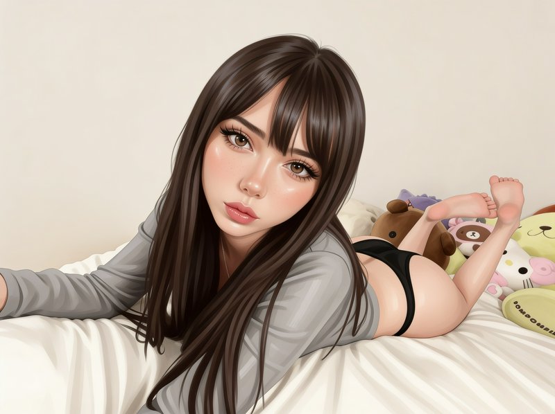 Stylized young woman with long dark bangs lying on a bed facing the camera beside plush stuffed toys