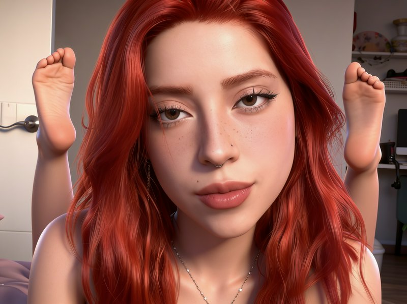 Hyperrealistic 3D rendered young red-haired woman looking directly at the camera with feet raised behind her