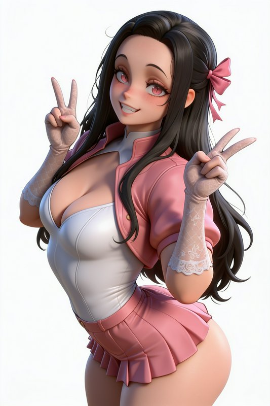 Stylized 3D anime girl with long black hair and pink bow holding double peace signs with a cheerf...