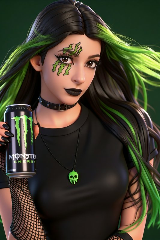 Stylized 3D goth girl with neon green streaked hair holding a Monster Energy can
