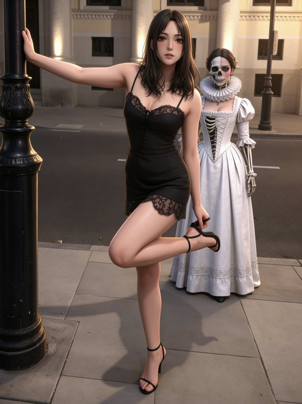 Young woman in black lace mini dress poses on a city sidewalk with a half-skeletal period gown figure behind her