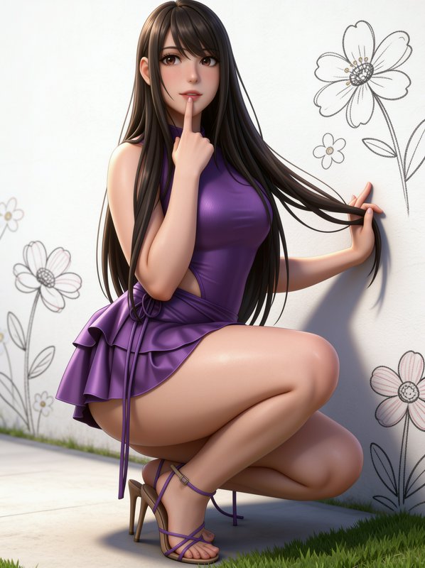 3D anime young woman in a purple dress crouching with a shush gesture against a flower doodle wall