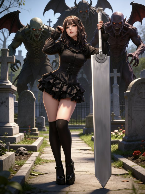Anime girl in a gothic dress holds a giant greatsword as winged demons loom behind her in a graveyard
