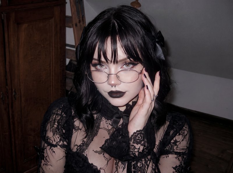 Gothic young woman with round glasses rests her hand on her cheek while wearing a black lace top