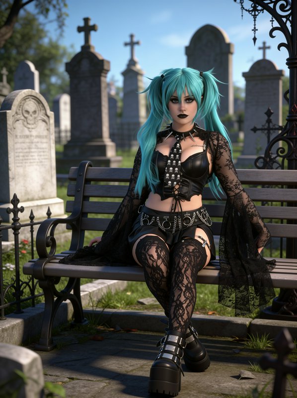Goth style girl with bright turquoise pigtails sitting on a bench in a sunlit graveyard
