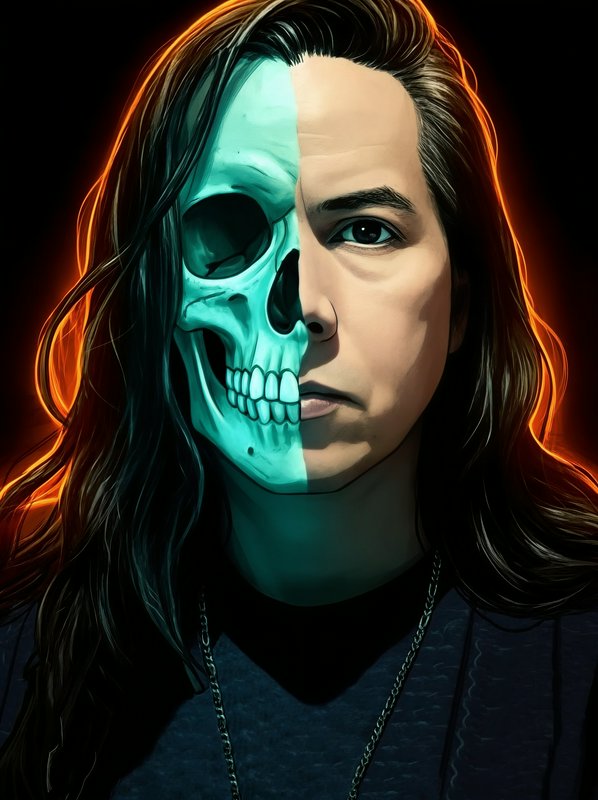 Split portrait of a person, half human face and half glowing turquoise skull, outlined in warm or...