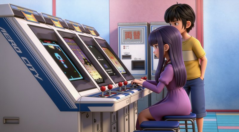 Purple haired girl plays a retro arcade game while a boy watches next to her in a vintage game room