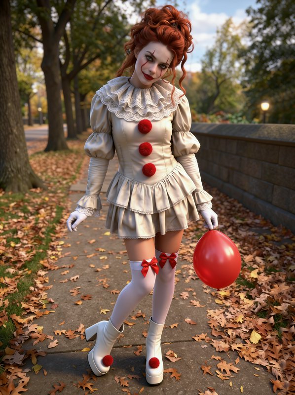 Woman in feminine Pennywise clown cosplay holds a red balloon on a leafy autumn park sidewalk