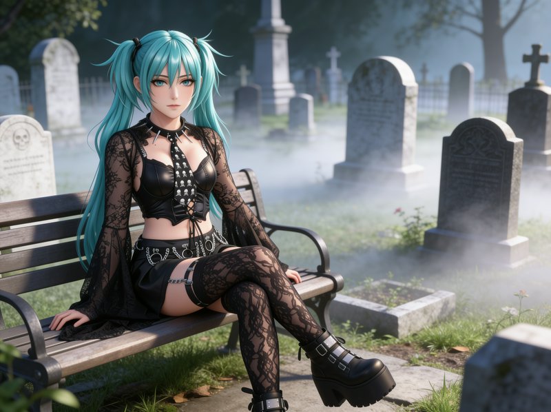 Turquoise twin-tailed anime girl in gothic clothing sits on a bench in a foggy old cemetery