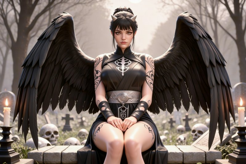 Horned dark-winged fallen angel sits on a stone ledge in a misty graveyard with lit candles and s...