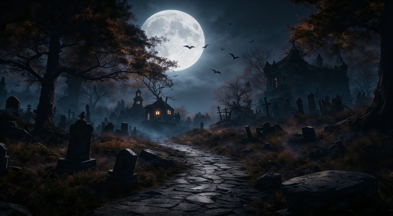 Spooky fog-shrouded graveyard with a stone path sits under a bright full moon as bats fly overhead