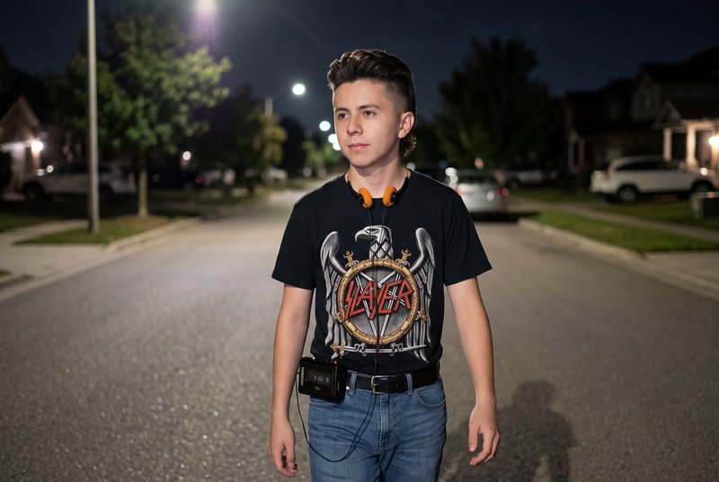 Teen in a Slayer band shirt with a retro walkman stands on a quiet residential street after dark