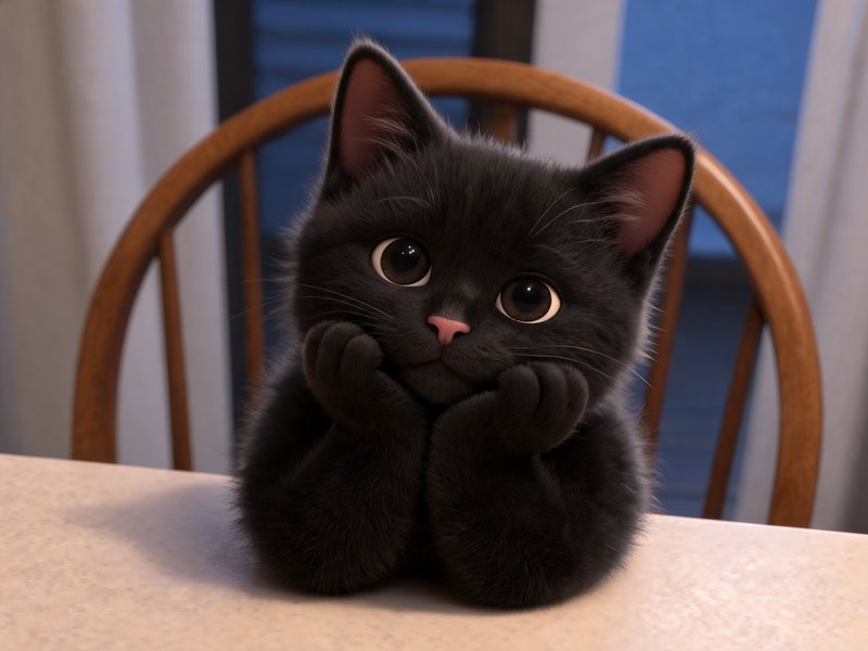 Fluffy wide-eyed black kitten rests its paws under its chin while sitting at a kitchen table