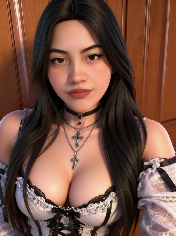 3D rendered portrait of a woman with long dark hair, gothic cross jewelry, and lace corset top