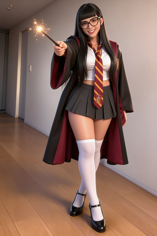 Smiling 3D rendered witch in Gryffindor uniform holds a glowing sparking wand toward the viewer