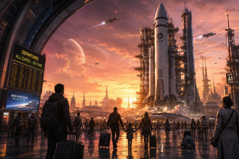 Futuristic spaceport at sunset with towering rockets and travelers with luggage.