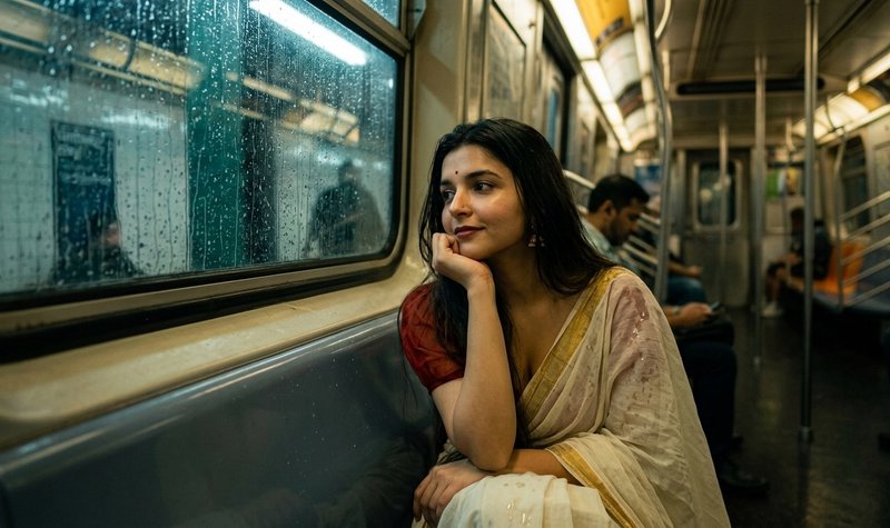 Thoughtful Indian woman in a cream sari on a rainy subway car.