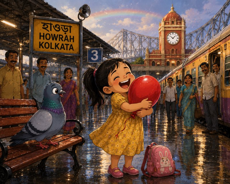Joyful girl with a red balloon at Howrah Kolkata train station platform with a rainbow overhead.