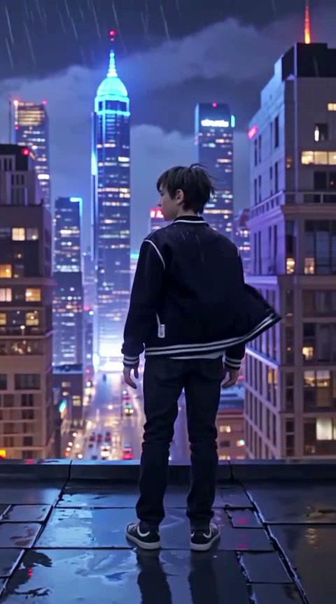 Young person standing on a rain-soaked rooftop overlooking a neon-lit city skyline at night.