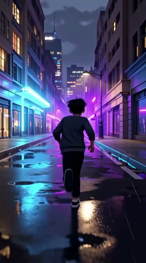 A child runs down a neon-lit city street at night with wet reflections and purple-blue lights.