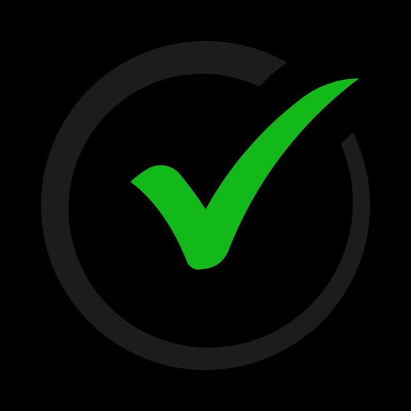 Bright green success checkmark inside a partial dark circular progress ring on a solid black back...