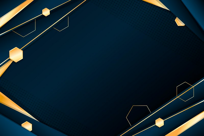 Luxury dark navy abstract background with metallic gold geometric lines, hexagon accents, and emp...