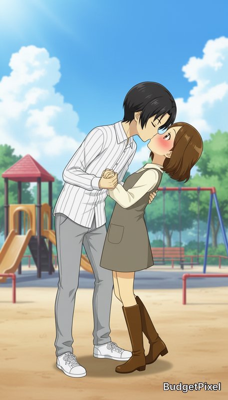 Anime-style couple kissing in a sunny park playground, holding hands.