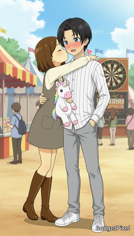 Anime couple at a summer festival sharing a kiss, with the girl hugging a pink unicorn plush.