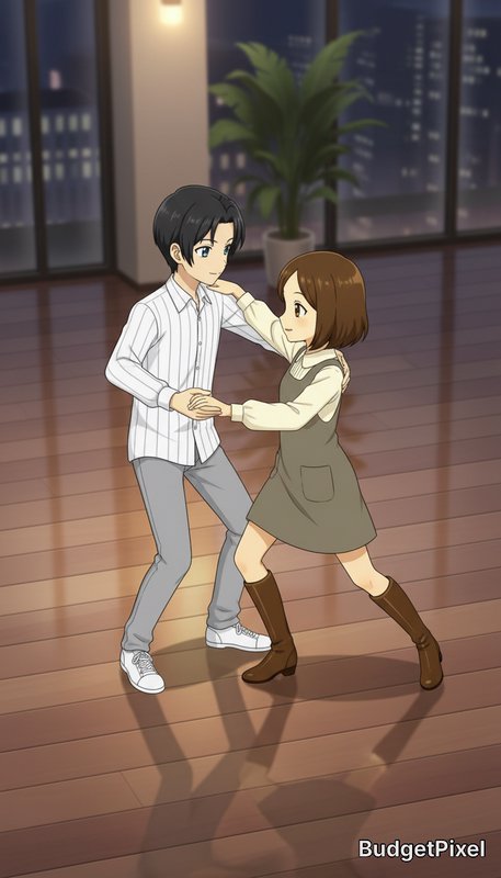 Anime-style couple dancing in a spacious, softly lit room with a wooden floor at night.