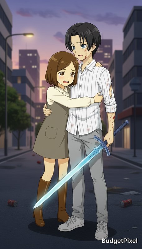 Anime-style couple in a city street at dusk; girl hugs a wounded man with a glowing blue sword.