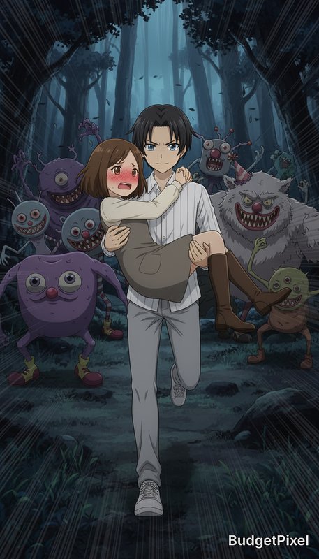 A man carries a distressed woman through a dark forest filled with creepy monsters.