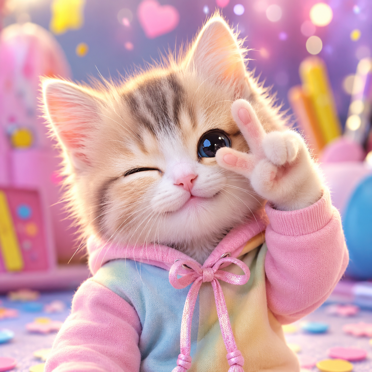 Cute kitten winking and flashing a peace sign in a pastel hoodie.