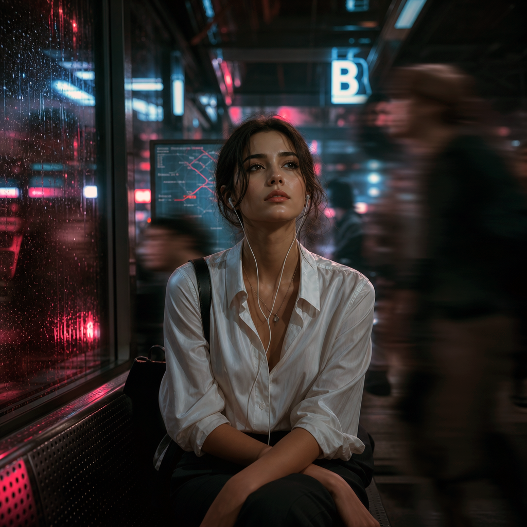 Young woman sitting in a neon-lit subway car, wearing a white shirt and earbuds.
