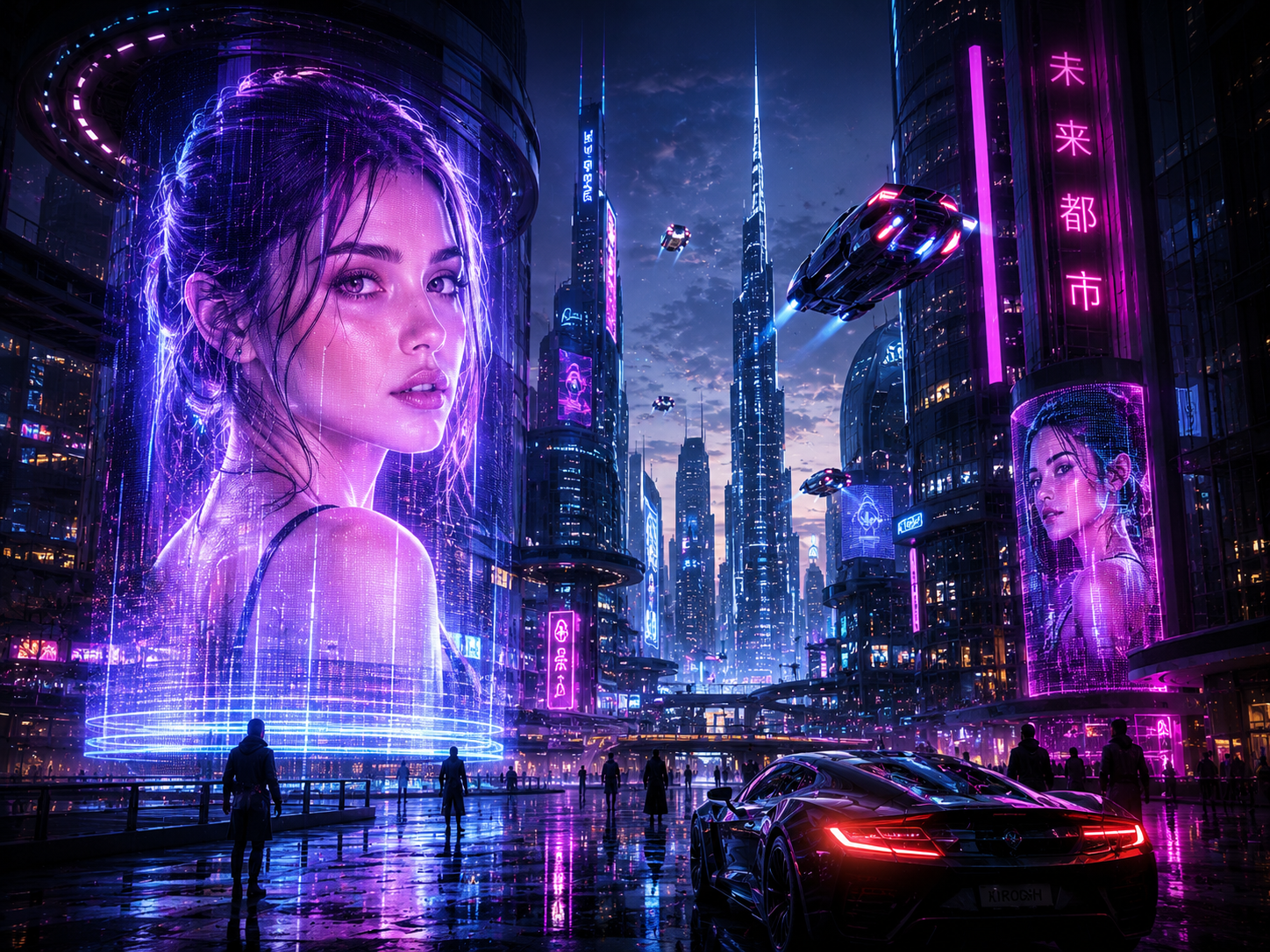 Neon-lit futuristic cityscape with a holographic woman’s portrait and a slick sports car.