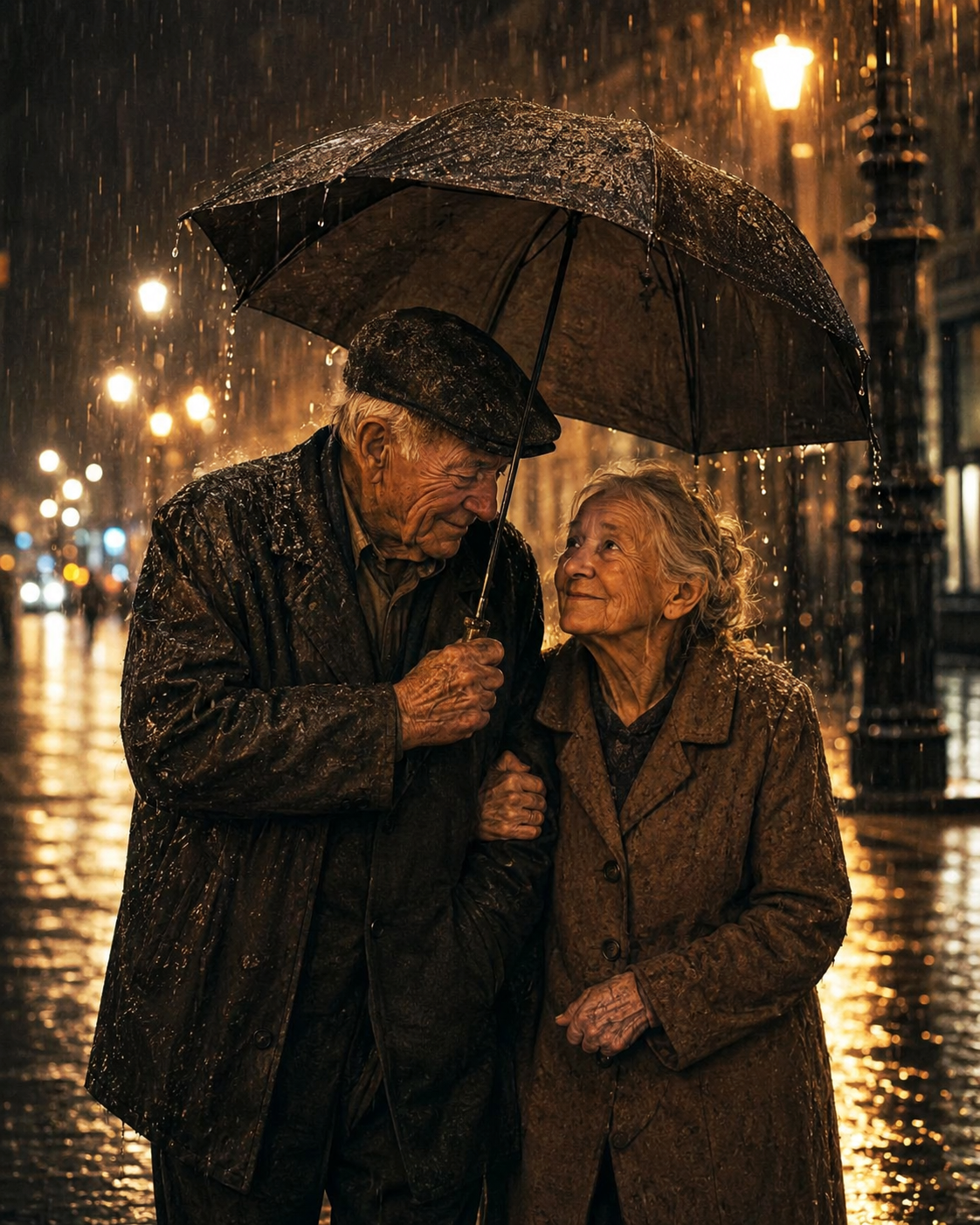 Elderly smiling couple sharing an umbrella, gazing tenderly at each other on a rainy lamplit city street at night.