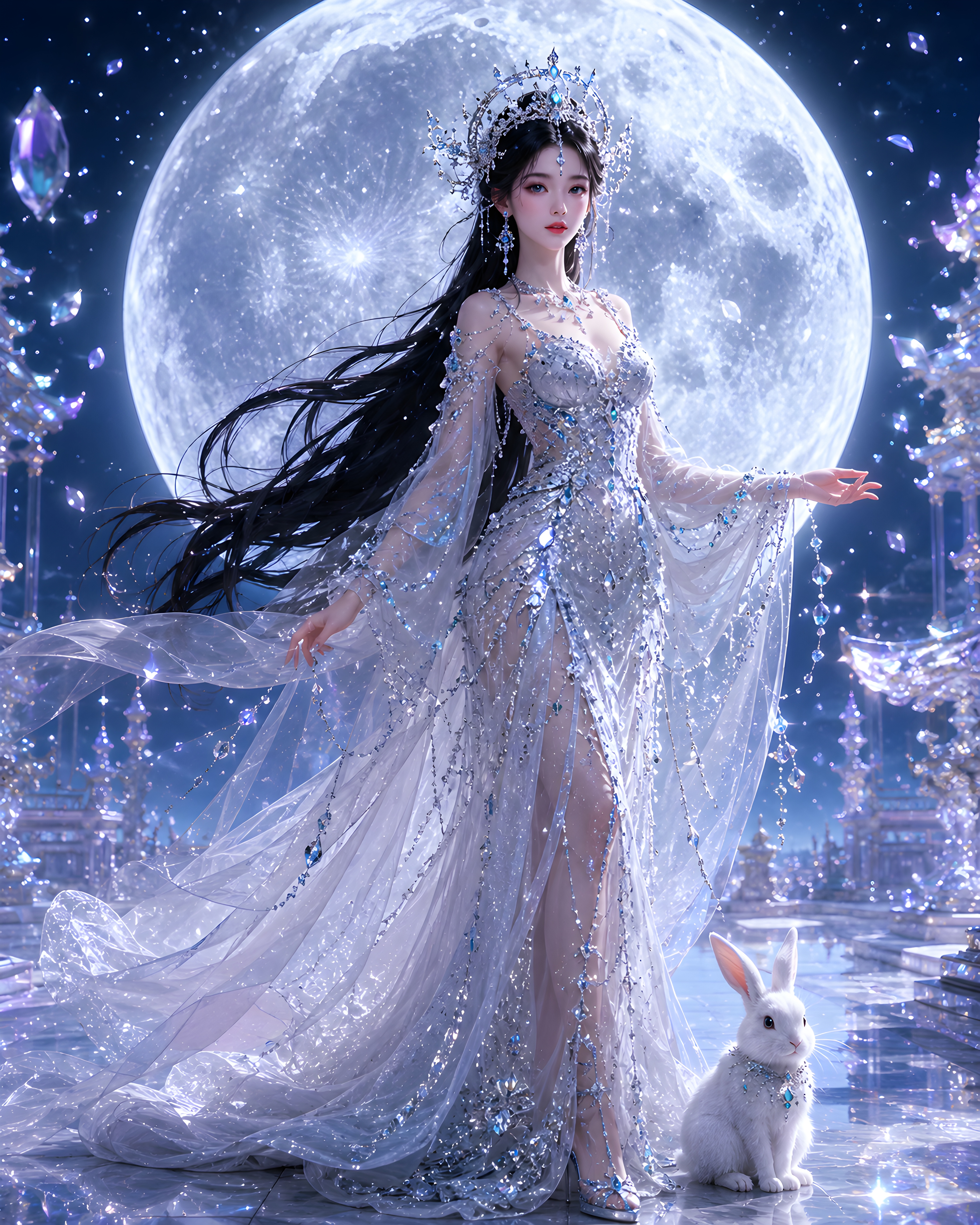 [Ethereal moon goddess in a jeweled sheer gown stands beside a white jade rabbit beneath a glowing giant full moon in a ce...