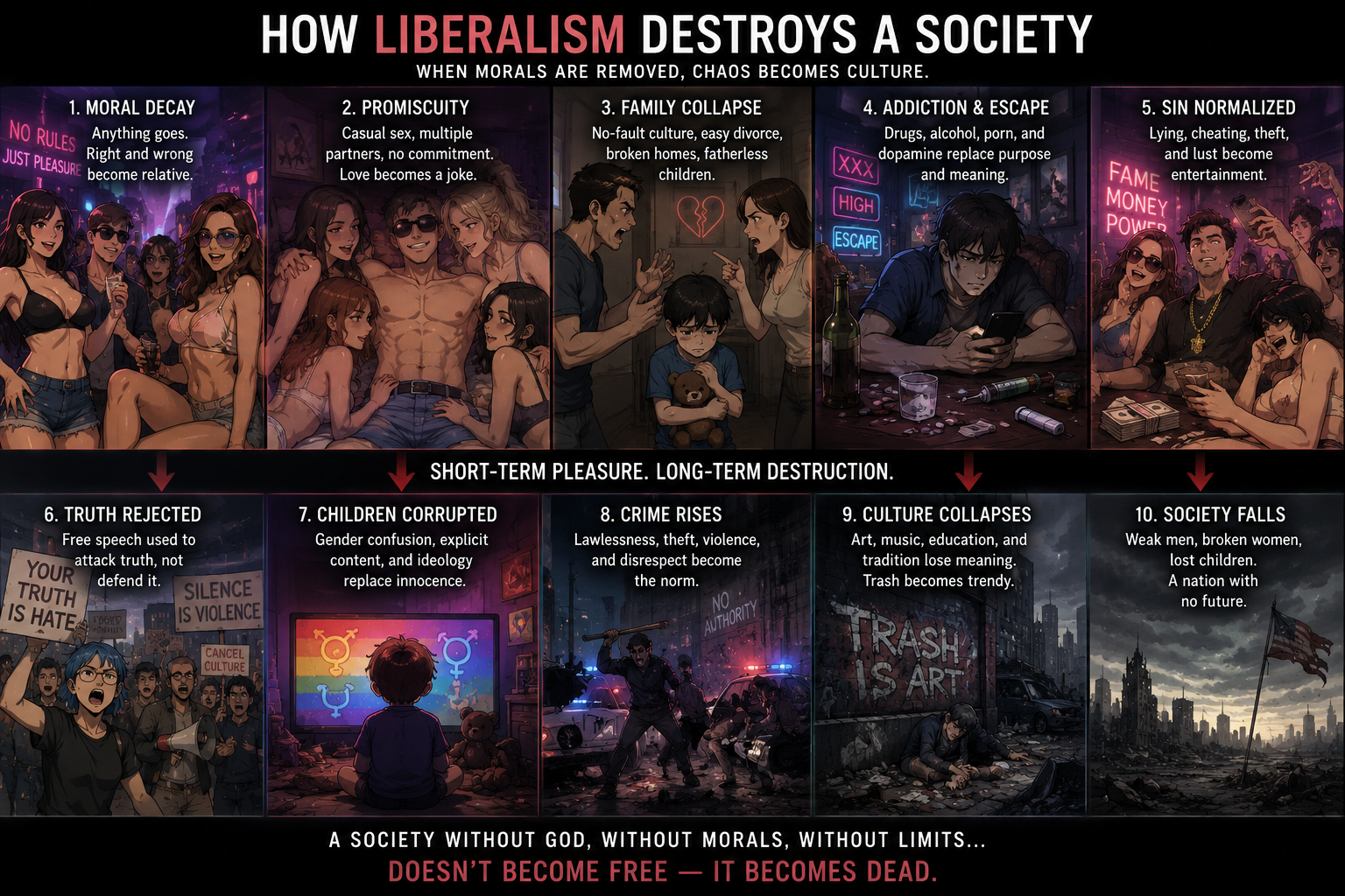[Political infographic "How Liberalism Destroys A Society" with 10 sequential anime-style comic panels illustrating claime...