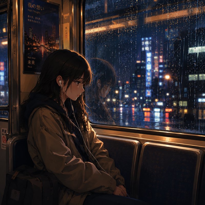 Young woman sitting on a rainy night city train, wearing headphones and a beige jacket.