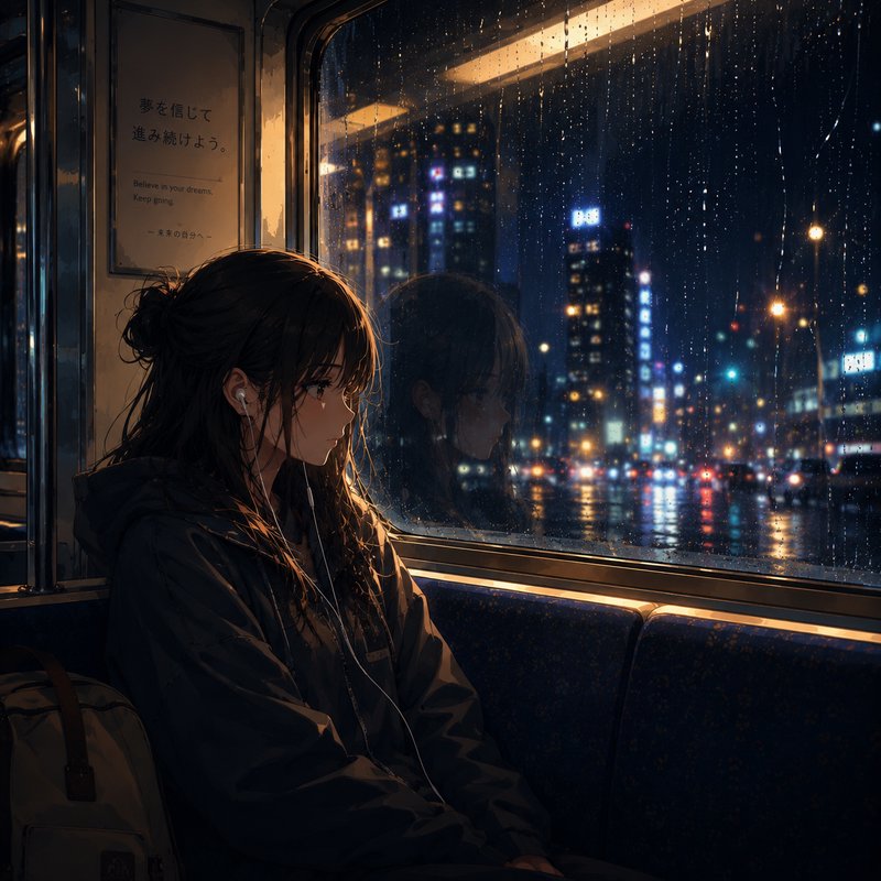 Young woman with headphones sitting on a rainy city bus at night, gazing out the window.