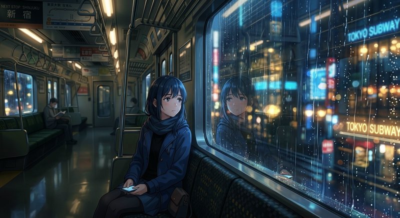 Anime-style girl with blue hair sitting on a rainy city subway at night, gazing out the window