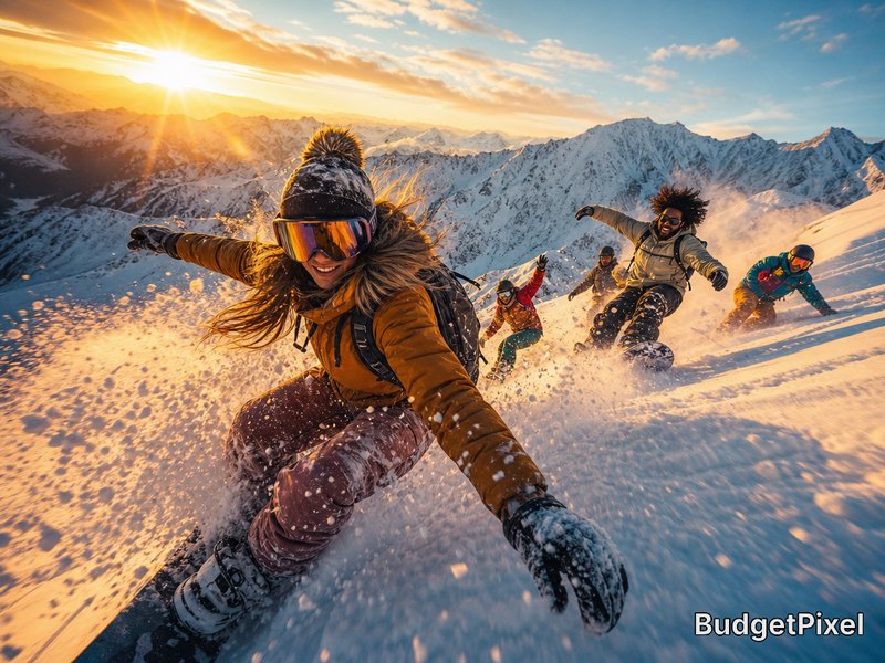 Group of skiers carving through fresh powder on a sunlit alpine slope at sunset.