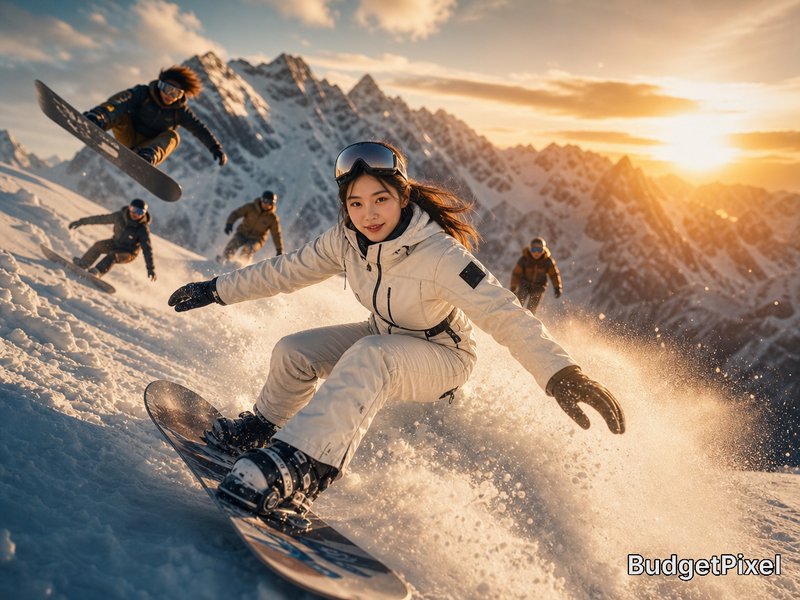 Snowboarder in a white jacket carving a turn on powdery slope at sunset with snowy mountains.