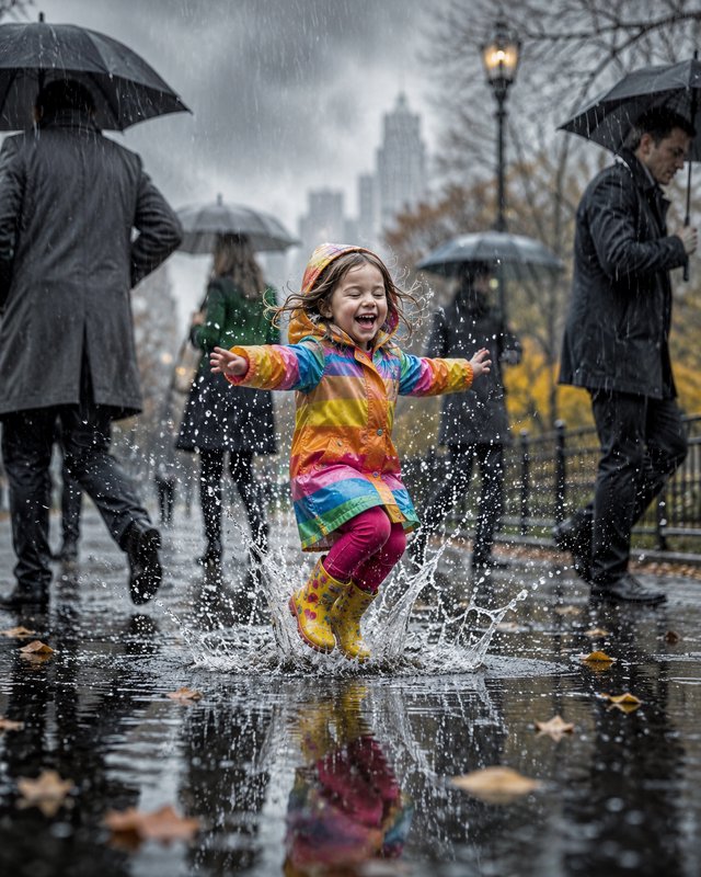 Joyful young girl in a rainbow raincoat jumps in a puddle as umbrella-carrying commuters walk past a rainy city park